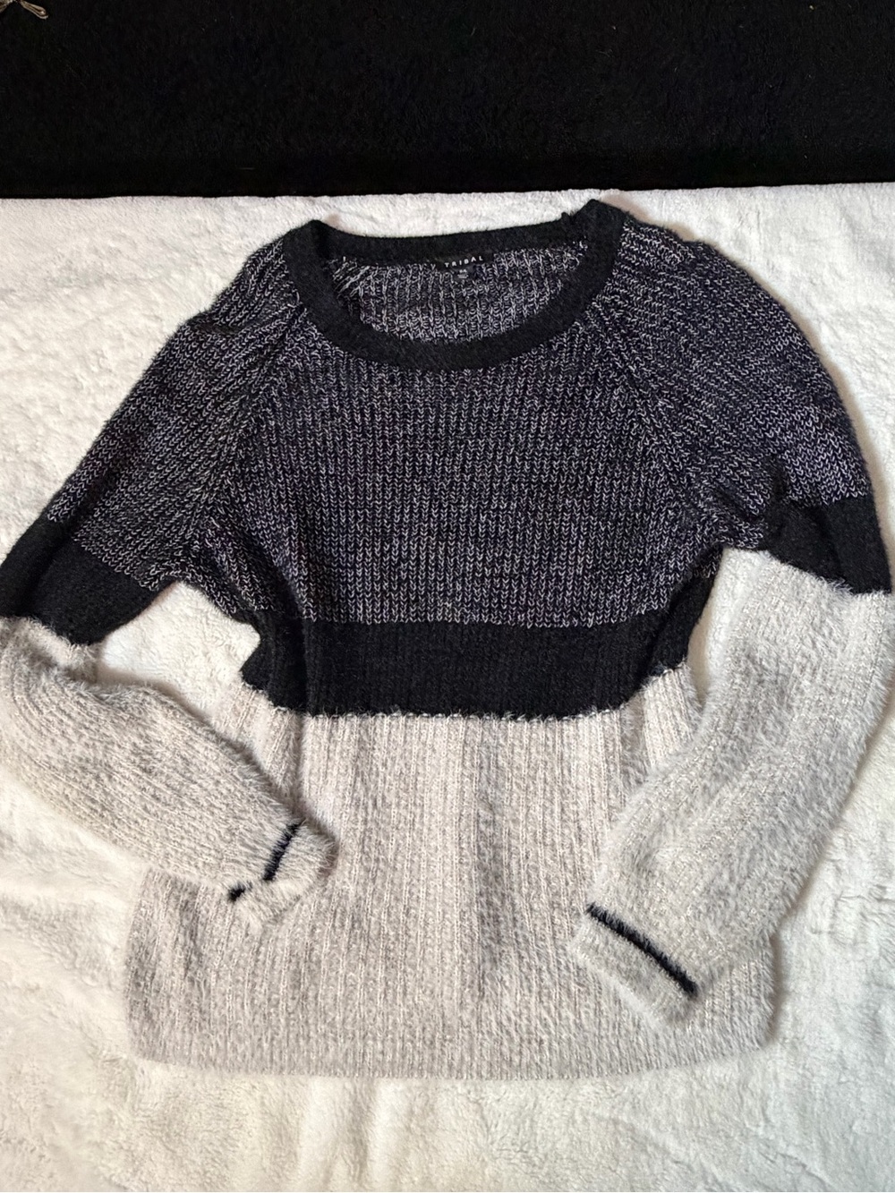 Tribal Black and Cream Colorblock Crewneck Sweater